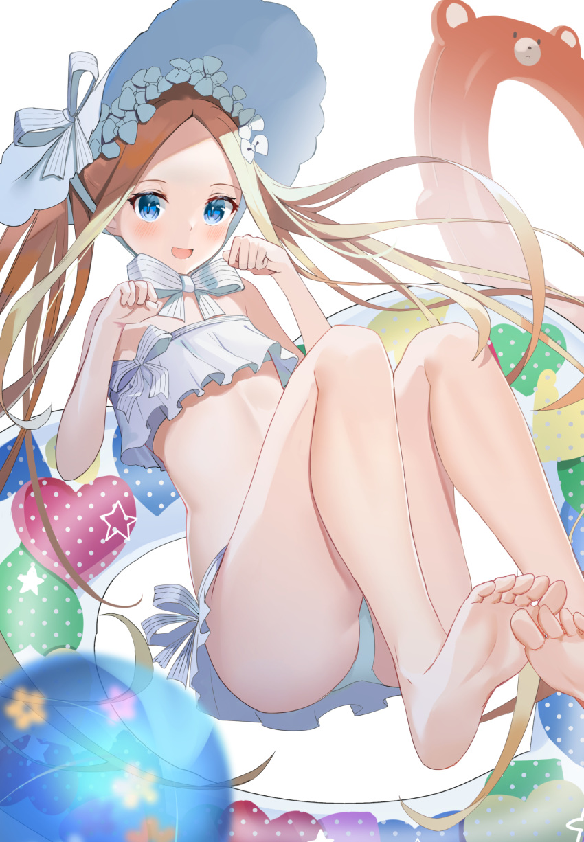 1girl abigail_williams_(fate/grand_order) abigail_williams_(swimsuit_foreigner)_(fate) bangs bare_shoulders bikini blonde_hair blue_eyes blush bonnet bow breasts fate/grand_order fate_(series) feet forehead hair_bow highres innertube legs long_hair looking_at_viewer miniskirt open_mouth parted_bangs sidelocks simple_background skirt small_breasts smile soles swimsuit toes tsukise_miwa twintails very_long_hair white_background white_bikini white_bow white_headwear