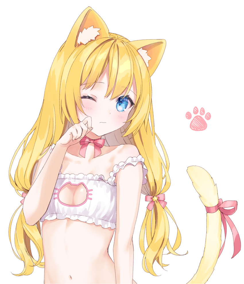 1girl animal_ears bangs bare_shoulders blonde_hair blue_eyes blush bra breasts cat_cutout cat_ears cat_lingerie cat_tail choker cleavage_cutout collarbone eyebrows_visible_through_hair hair_ribbon hand_up highres long_hair looking_at_viewer low_twintails meme_attire navel off_shoulder one_eye_closed original paw_print ribbon ribbon_choker rimo simple_background small_breasts solo stomach strap_slip tail tail_raised tail_ribbon twintails underwear underwear_only upper_body white_background white_bra