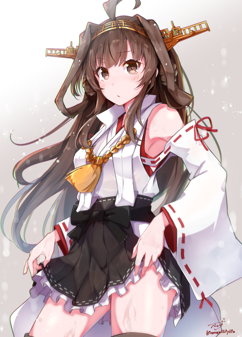 1girl absurdres ahoge artist_name baileys_(tranquillity650) bare_shoulders black_skirt blush brown_hair cowboy_shot detached_sleeves double_bun eyebrows_visible_through_hair grey_eyes hairband headgear highres japanese_clothes kantai_collection kongou_(kantai_collection) long_hair nontraditional_miko parted_lips pleated_skirt ribbon-trimmed_sleeves ribbon_trim signature skirt solo twitter_username wet wide_sleeves