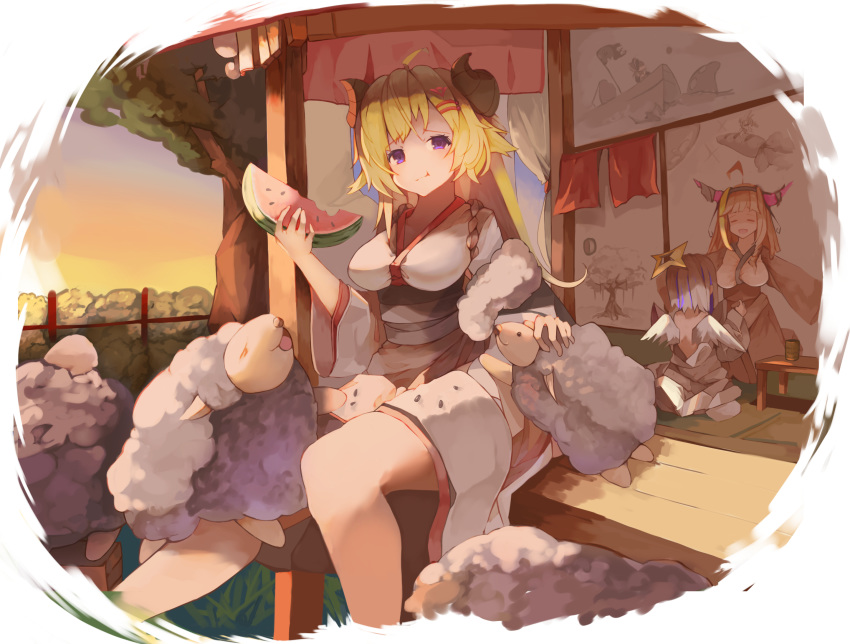 3girls :d :t ahoge amane_kanata angel_wings bite_mark blonde_hair blue_hair breasts closed_eyes closed_mouth commentary cup dragon_horns eating english_commentary food fruit hair_ornament hairband hairclip highres hololive horns house japanese_clothes kimono kiryuu_coco large_breasts long_hair medium_breasts mucuun_yin multicolored_hair multiple_girls obi open_mouth orange_hair outstretched_arms petting sash sheep sheep_horns short_hair silver_hair sitting smile spread_arms streaked_hair table tree tsunomaki_watame two-tone_hair violet_eyes virtual_youtuber watermelon watermelon_seeds white_wings wings