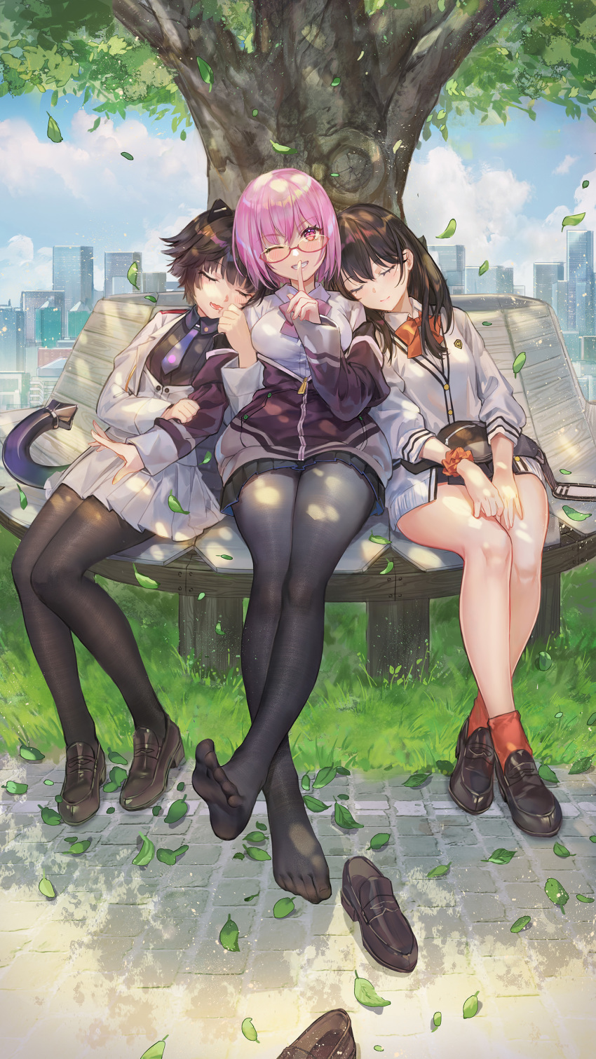 3girls :d ;d absurdres animal_ears bare_legs black_footwear black_hair black_legwear black_skirt bow bowtie breasts cardigan cat_ears character_request closed_eyes criin day drooling fake_animal_ears fake_tail finger_to_mouth grin highres iron_saga jacket large_breasts leaf loafers long_hair long_sleeves looking_at_viewer miniskirt multiple_girls off_shoulder official_art one_eye_closed open_mouth outdoors pantyhose pavement pink_eyes pink_hair purple_jacket shinjou_akane shirt shoes shoes_removed short_hair shushing skirt sleeping smile socks ssss.gridman tail takarada_rikka thighs tree underbust white_cardigan white_shirt white_skirt