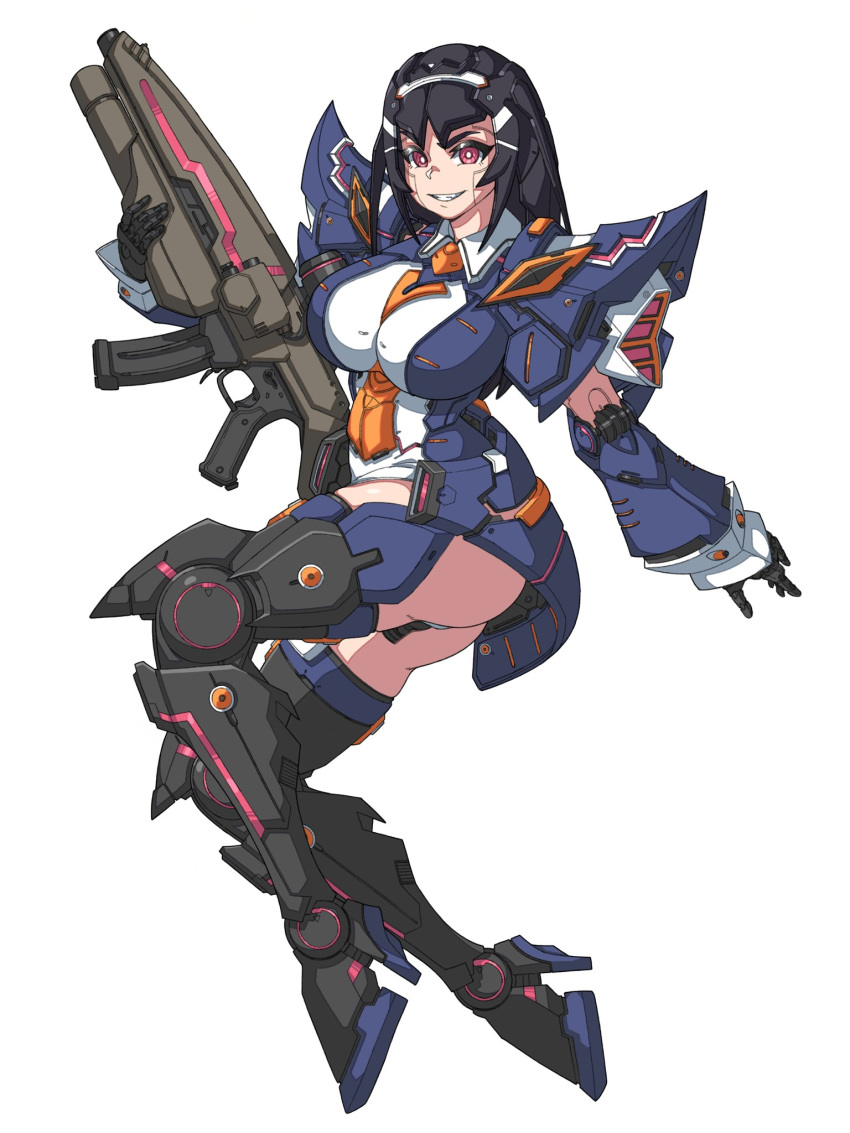 1girl android ass black_hair boots breasts brups_tv commission english_commentary gun highres holding holding_gun holding_weapon humanoid_robot joints large_breasts lisa_(pso2) looking_at_viewer phantasy_star phantasy_star_online_2 pink_eyes robot_joints science_fiction skindentation smirk solo thigh-highs thigh_boots weapon white_background