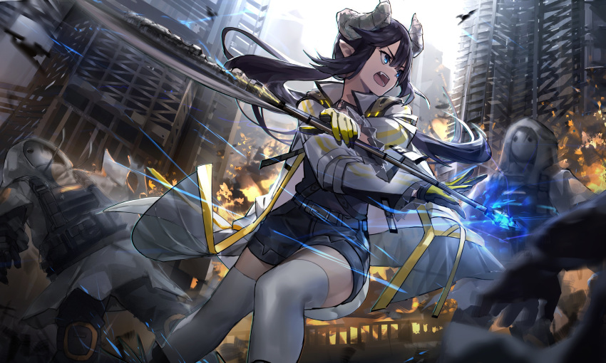 1girl 3others absurdres arknights axe belt black_shorts building bulletproof_vest choker coat curled_horns drone fang fighting fire floating_hair gloves highres holding holding_axe hood horns long_sleeves looking_away magic mask motion_blur multiple_others neonbeat open_clothes open_coat open_mouth original outdoors pointy_ears ponytail reunion_soldier_(arknights) short_shorts shorts thigh-highs two-tone_gloves white_coat white_legwear