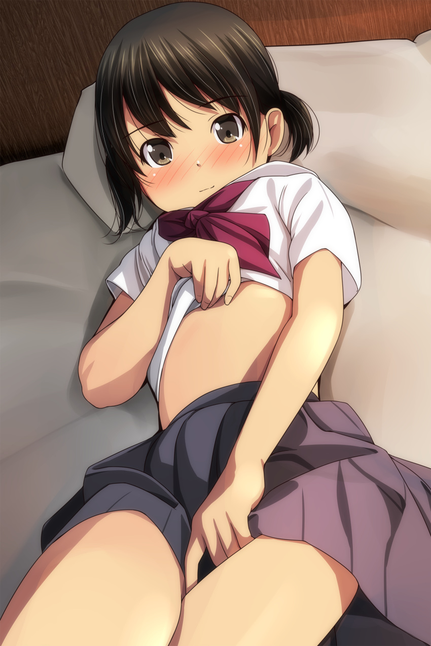 1girl absurdres bangs bed_sheet black_hair blush brown_eyes closed_mouth eyebrows_visible_through_hair grey_skirt highres lifted_by_self light_smile looking_at_viewer lying matsunaga_kouyou nose_blush on_back original pillow pleated_skirt red_neckwear school_uniform shirt shirt_lift short_sleeves short_twintails skirt solo twintails white_shirt