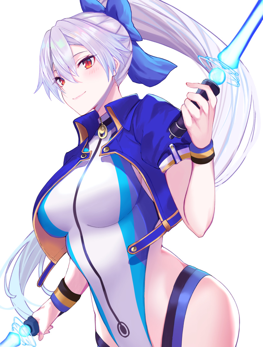 1girl bangs blue_bow blue_jacket blue_swimsuit blush bow breasts dual_wielding energy_sword fate/grand_order fate_(series) hair_between_eyes hair_bow highleg highleg_swimsuit highres holding jacket large_breasts long_hair looking_at_viewer one-piece_swimsuit ponytail red_eyes short_sleeves silver_hair slit_pupils smile swimsuit sword t_bone_(06tbone) tomoe_gozen_(fate/grand_order) tomoe_gozen_(swimsuit_saber)_(fate) two-tone_swimsuit weapon white_background white_swimsuit