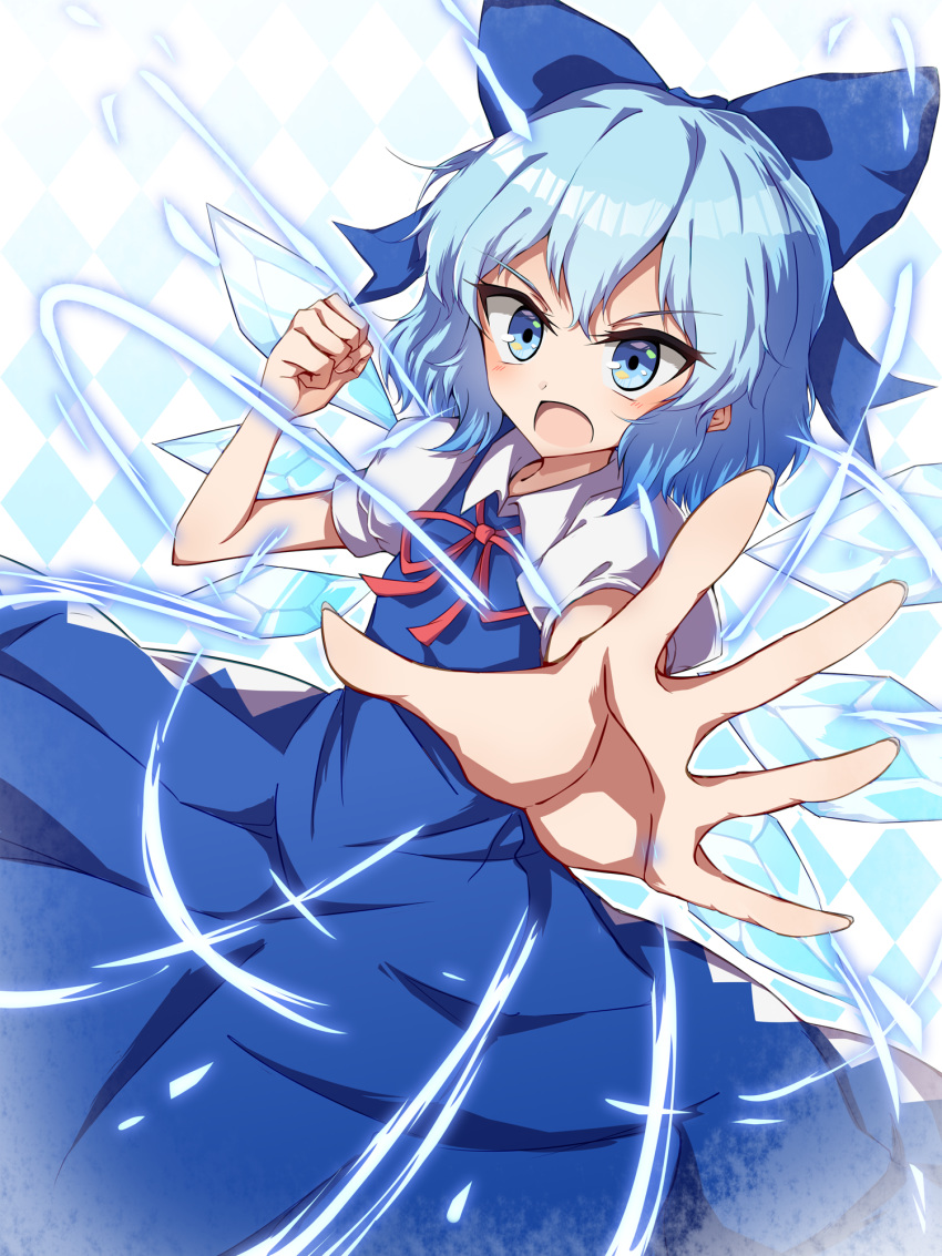 1girl argyle argyle_background blue_dress blue_eyes blue_hair cirno clenched_hand cowboy_shot dress dutch_angle foreshortening highres ice ice_wings mimottei neck_ribbon open_hand open_mouth outstretched_arm puffy_short_sleeves puffy_sleeves ribbon short_hair short_sleeves solo touhou wings