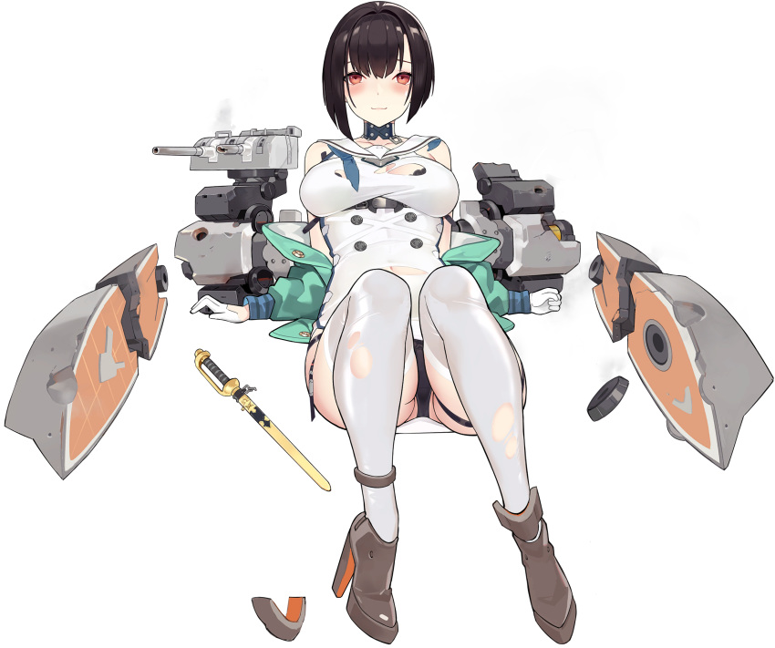 1girl artist_request bangs black_bra black_hair black_panties blue_neckwear blue_oath blush boots bra breasts damaged dress gloves green_jacket hair_ribbon high_heel_boots high_heels highres jacket large_breasts neckerchief official_art panties red_eyes ribbon rigging sailor_collar sailor_dress sheath sheathed skin_tight skindentation smile solo strap takao_(blue_oath) thigh-highs torn_clothes torn_legwear transparent_background underwear weapon white_dress white_gloves white_legwear