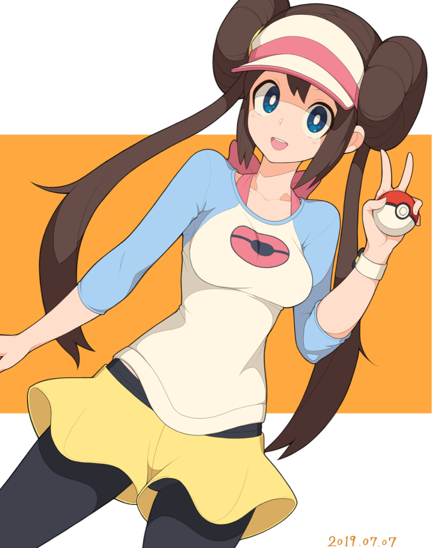 1girl blue_eyes bow breasts brown_hair collarbone dated double_bun fingernails hair_bun highres holding holding_poke_ball long_hair mogtate open_mouth pink_bow poke_ball poke_ball_(basic) pokemon pokemon_(game) pokemon_bw2 rosa_(pokemon) smile solo teeth tongue twintails two-tone_background upper_teeth v visor_cap watch