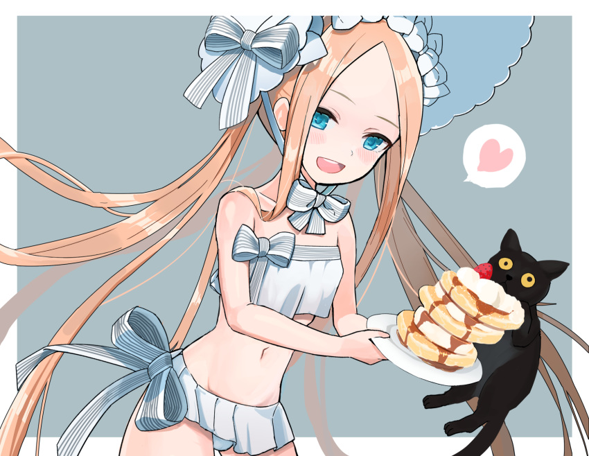 1girl abigail_williams_(fate/grand_order) abigail_williams_(swimsuit_foreigner)_(fate) bangs bare_shoulders bikini black_cat blonde_hair blue_eyes blush bonnet bow breasts cat fate/grand_order fate_(series) food forehead fran_(yuliwei2012) hair_bow highres long_hair looking_at_viewer miniskirt navel open_mouth pancake parted_bangs revision sidelocks skirt small_breasts smile swimsuit twintails very_long_hair white_bikini white_bow white_headwear