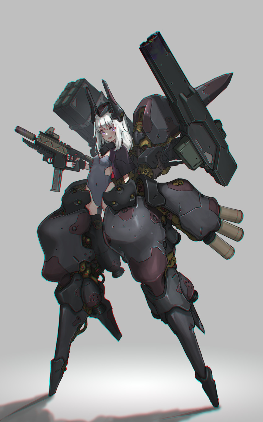 1girl absurdres bangs black_capelet breasts capelet commentary covered_navel eyebrows_visible_through_hair full_body grey_background grey_leotard gun headgear highleg highleg_leotard highres holding holding_gun holding_weapon leotard looking_at_viewer mecha_musume medium_hair oota_youjo open_mouth original silver_hair simple_background small_breasts smile solo standing violet_eyes weapon