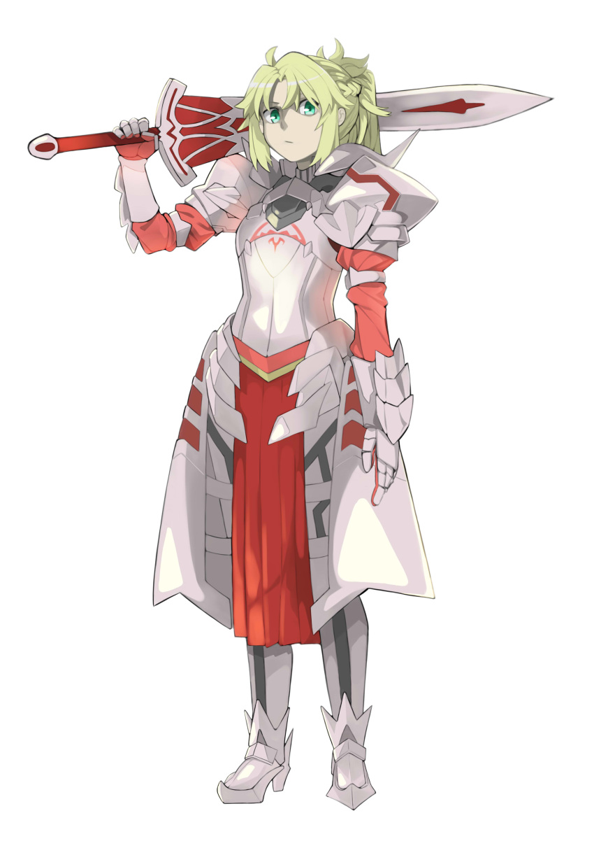 &gt;:( 1girl absurdres armor armored_boots armored_dress bangs blonde_hair boots braid breastplate closed_mouth commentary_request fate/apocrypha fate_(series) full_body gauntlets greaves green_eyes hand_up highres holding holding_sword holding_weapon long_hair looking_at_viewer marushi mordred_(fate) mordred_(fate)_(all) over_shoulder partial_commentary pauldrons ponytail shoulder_armor simple_background solo standing sword sword_over_shoulder weapon weapon_over_shoulder white_background