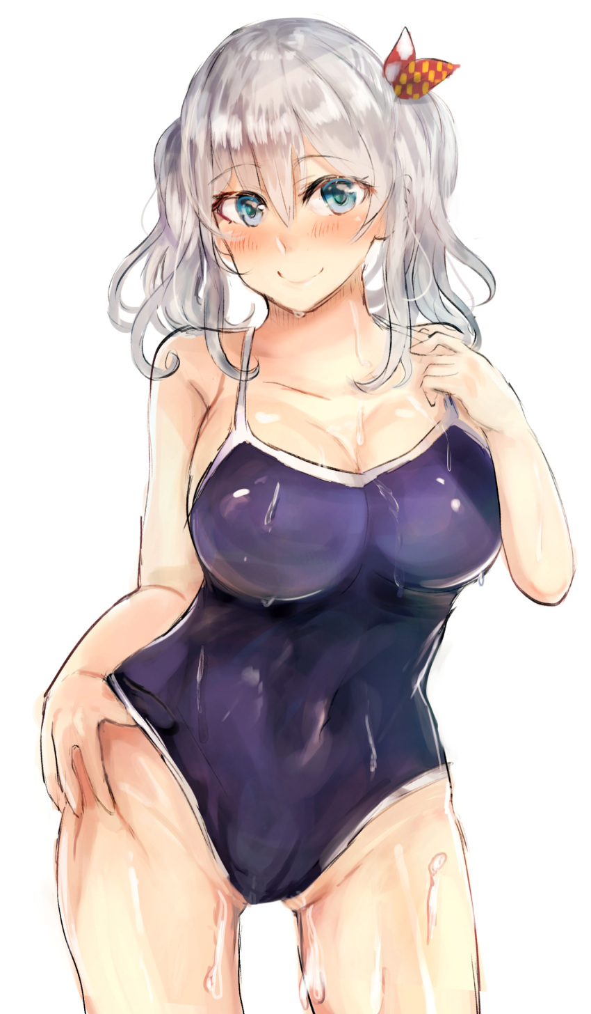 1girl absurdres blue_eyes blue_swimsuit breasts commentary_request competition_school_swimsuit groin highres kantai_collection kashima_(kantai_collection) large_breasts looking_at_viewer miyako_(00727aomiyako) school_swimsuit sidelocks silver_hair simple_background smile solo swimsuit twintails wavy_hair white_background