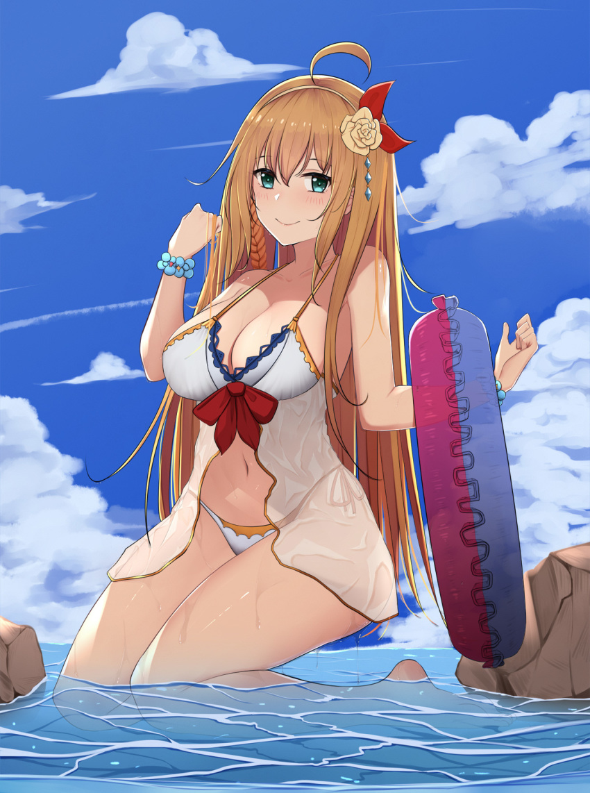 1girl ahoge bangs blush breasts commentary_request highres l.tea large_breasts long_hair looking_at_viewer pecorine princess_connect! princess_connect!_re:dive ribbon smile solo tiara