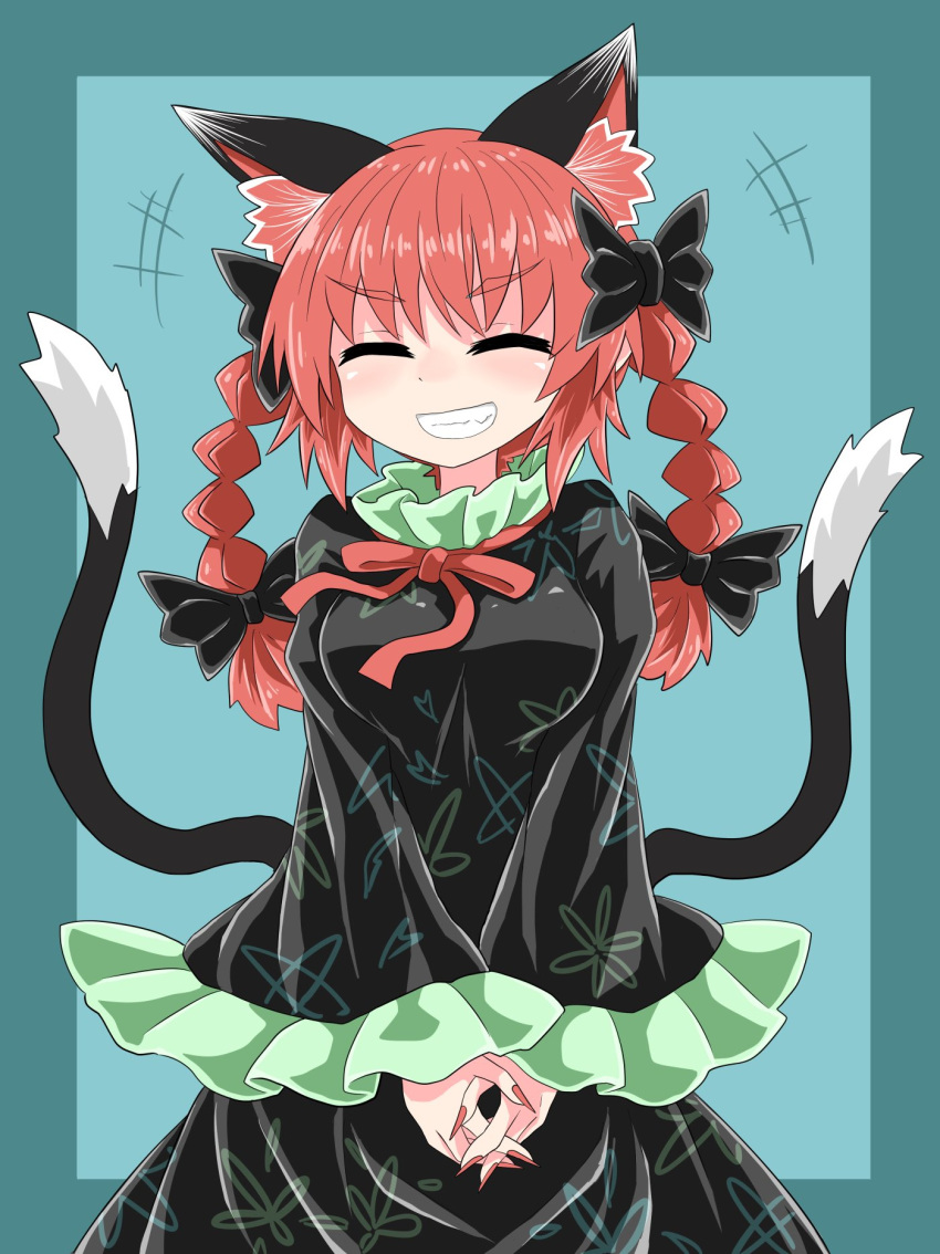 1girl animal_ears bangs black_bow black_dress black_tail blue_background bow braid cat_ears cat_tail chups closed_eyes dress extra_ears eyebrows_visible_through_hair fingernails frilled_dress frilled_shirt_collar frilled_sleeves frills hair_bow highres kaenbyou_rin laughing long_fingernails long_sleeves multiple_tails nekomata open_mouth red_nails red_neckwear redhead short_hair simple_background smile solo tail teeth touhou twin_braids two_tails v_arms wide_sleeves