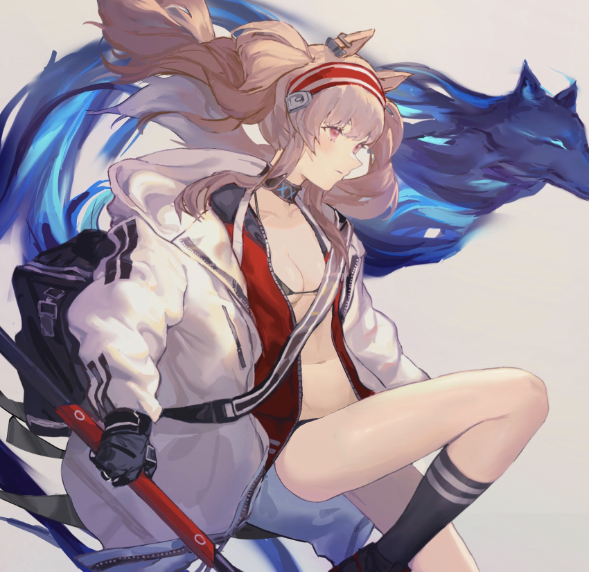 1girl angelina_(arknights) animal_ears arknights bag bangs bikini bikini_under_clothes black_choker black_gloves black_legwear brown_hair choker commentary_request feet_out_of_frame floating_hair fox_ears gloves grey_background hairband highres holding holding_staff jacket kneehighs long_hair long_sleeves nana_keki navel open_clothes open_jacket pink_eyes red_hairband solo staff stomach swimsuit thighs twintails white_jacket