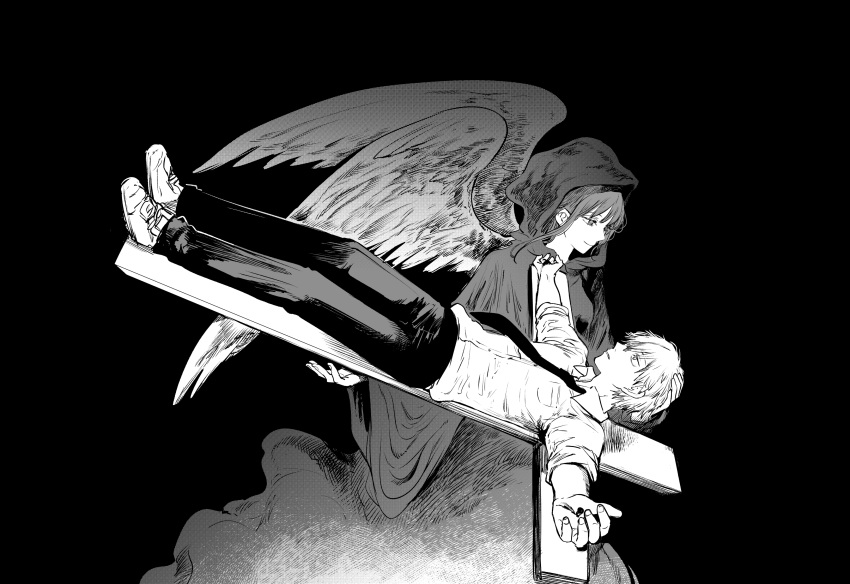1boy 1girl absurdres alternate_costume angel_wings bangs black_background black_neckwear black_pants business_suit chainsaw_man cross crucifixion denji_(chainsaw_man) formal highres hood hoodie legs_together light_smile long_hair makima_(chainsaw_man) monochrome nail necktie outstretched_arms pants religion ringed_eyes shirt shirt_tucked_in short_hair smile suit white_shirt wings yokoyari_mengo