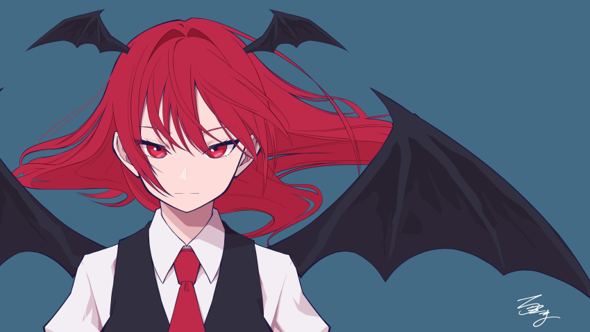 1girl :| absurdres bangs bat_wings black_vest black_wings closed_mouth collared_shirt commentary_request demon_girl demon_wings eyebrows_visible_through_hair floating_hair hair_between_eyes hair_intakes half-closed_eyes head_wings highres koakuma long_hair looking_at_viewer necktie red_eyes red_neckwear redhead shimizu_art shirt sidelocks signature simple_background solo spread_wings touhou upper_body vest white_shirt wing_collar wings