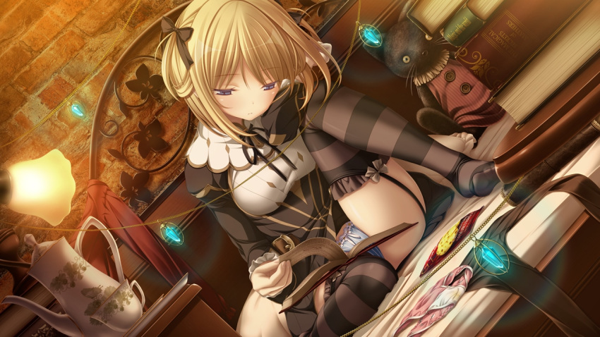 1girl black_legwear blonde_hair blue_eyes blue_panties book book_stack bow bow_panties brick_wall cup dress dutch_angle eyebrows_visible_through_hair game_cg garter_straps glowing hair_bow hair_rings indoors koku lamp liz_mathers long_sleeves no_shoes official_art on_bed on_lap open_book panties panties_removed pantyhose_removed pantyshot reading seishun_fragile sitting solo striped striped_legwear striped_panties stuffed_animal stuffed_cat stuffed_toy teacup teapot thigh-highs turning_page underwear