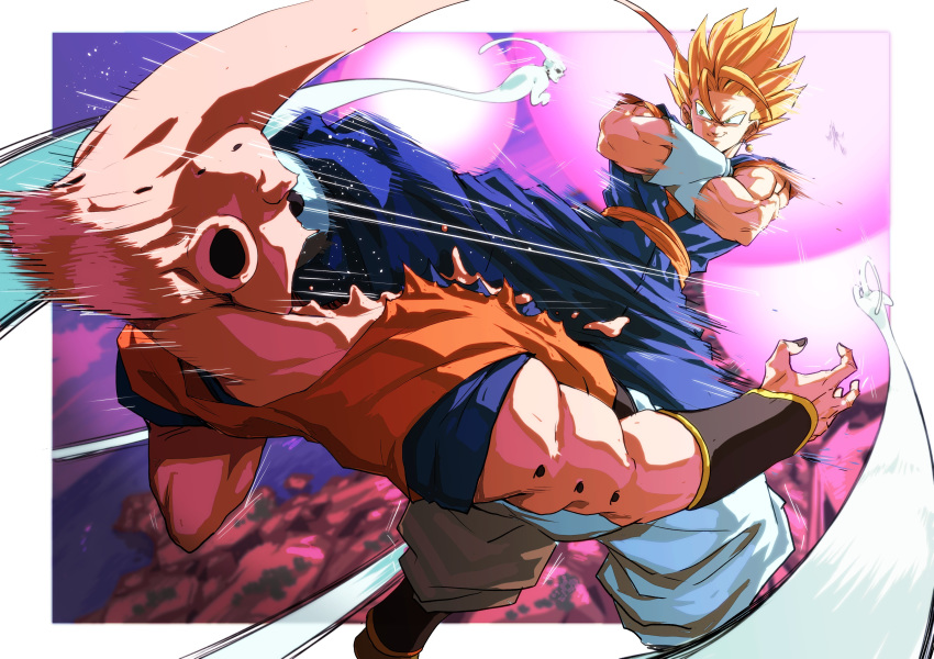 2boys absurdres after_(artist) blonde_hair boots crossed_arms dougi dragon_ball dragon_ball_z earrings fusion ghost gloves highres jewelry kicking majin_buu male_focus multiple_boys muscle pants pink_skin potara_earrings short_hair smile son_gokuu spiky_hair super_saiyan super_saiyan_1 vegeta vegetto white_gloves