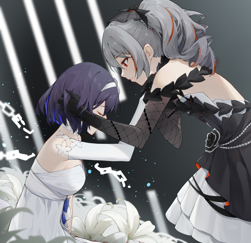 2girls absurdres backless_dress backless_outfit black_dress black_flower black_hair black_rose blue_hair broken broken_chain bronya_zaychik chain closed_eyes commentary dress dress_flower drill_hair elbow_gloves fishnet_gloves fishnets flower gloves grey_hair hand_in_another's_hair highres holding_hands honkai_(series) honkai_impact_3rd kuo_(kuo114514) light_rays lily_(flower) long_hair looking_at_another multicolored_hair multiple_girls orange_hair profile red_eyes rose seele_vollerei strapless strapless_dress streaked_hair sunbeam sunlight two-tone_hair white_dress white_flower white_gloves yuri