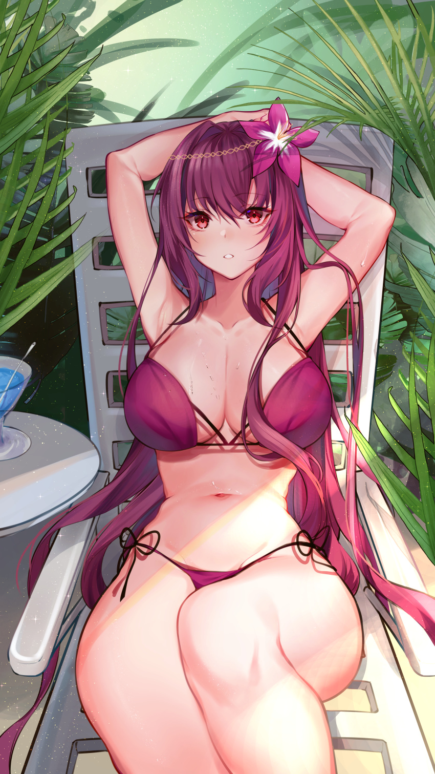 1girl absurdres arms_behind_head ayanokouji_awayuki bikini breasts drink eyebrows_visible_through_hair fate/grand_order fate_(series) flower glass hair_flower hair_ornament highres huge_filesize large_breasts long_hair looking_at_viewer navel purple_hair red_bikini red_eyes scathach_(fate)_(all) scathach_(swimsuit_assassin)_(fate) side-tie_bikini sitting solo sweat swimsuit
