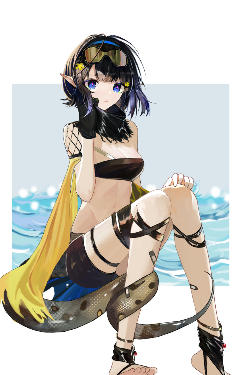 1girl absurdres arknights bandeau bangs bare_shoulders black_gloves black_hair black_scarf blue_eyes blue_hairband commentary eunectes_(arknights) gloves goggles goggles_on_head hairband highres jueduizhi looking_at_viewer midriff pointy_ears scarf short_hair single_glove sitting snake_tail solo stomach strapless tail tail_wrap thigh_strap thighs tubetop