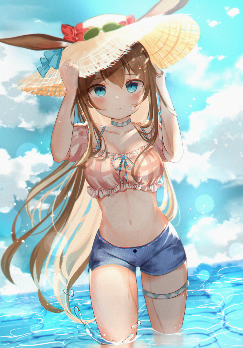 1girl absurdres amiya_(arknights) animal_ears arknights bangs blue_eyes blue_ribbon blue_shorts blue_sky blush breasts brown_hair clouds commentary cowboy_shot crop_top day flower hands_up hat hat_flower hat_ribbon highres jewelry long_hair looking_at_viewer medium_breasts midriff navel neck_ring pink_shirt rabbit_ears red_flower ribbon shirt short_shorts shorts sky solo standing stomach thighlet thighs very_long_hair wading water whitebc