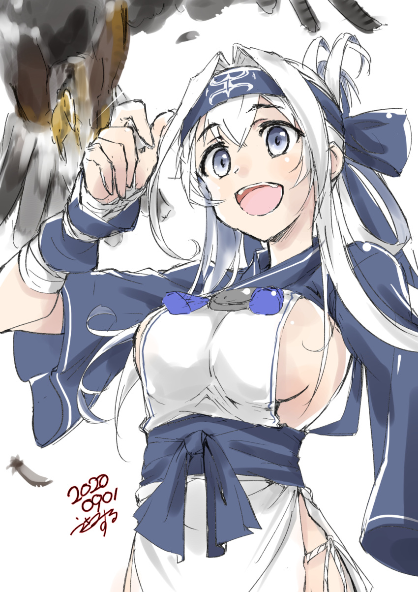 1girl ainu_clothes bird blue_eyes blue_headband breasts cropped_jacket dated folded_ponytail hawk headband highres kamoi_(kantai_collection) kantai_collection large_breasts open_mouth pelvic_curtain sideboob sidelocks signature simple_background smile solo thick_eyebrows upper_teeth usami_(50-point_caliper) white_background white_hair wrist_guards
