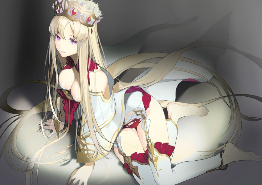 1girl akinashi_yuu arm_support bare_shoulders barefoot blonde_hair breasts collar collarbone commentary_request crown dress europa_(fate/grand_order) eyebrows_visible_through_hair eyelashes fate/grand_order fate_(series) frills garter_straps gold_trim legs long_hair looking_at_viewer medium_breasts off-shoulder_dress off_shoulder panties parted_lips red_collar red_panties shadow shiny shiny_skin sidelocks sitting solo toes underwear very_long_hair violet_eyes white_dress yokozuwari