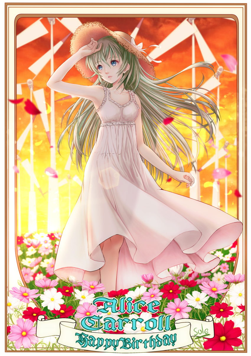 1girl absurdres alice_carroll aria bangs bare_arms blue_eyes blush character_name collarbone dress english_text eyelashes field flower flower_field frilled_dress frilled_straps frills full_body green_hair hair_between_eyes happy_birthday hat highres lips long_dress long_hair looking_away looking_to_the_side raised_eyebrows see-through_silhouette sleeveless sleeveless_dress straight_hair straw_hat sun_hat sundress sunset telaform twilight white_dress wind_turbine windmill