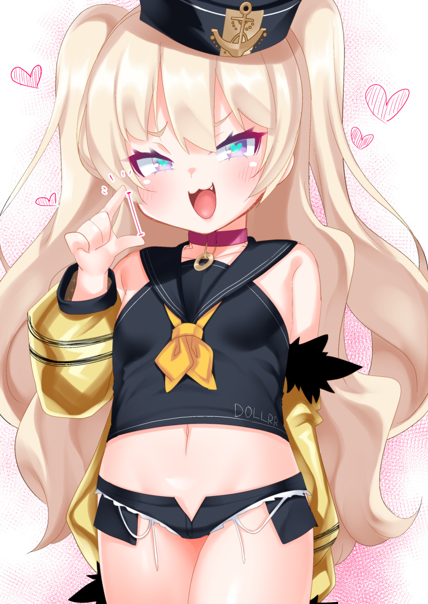 1girl :3 :d azur_lane bache_(azur_lane) bare_shoulders black_headwear black_sailor_collar black_shirt black_shorts blonde_hair blush breasts commentary_request fang fur-trimmed_jacket fur_trim hand_up heart heart-shaped_pupils highres jacket kirisame_mia long_hair looking_at_viewer midriff navel neckerchief off_shoulder open_clothes open_fly open_jacket open_mouth open_shorts sailor_collar shirt short_shorts shorts sleeveless sleeveless_shirt small_breasts smile solo symbol-shaped_pupils two_side_up very_long_hair violet_eyes yellow_jacket yellow_neckwear