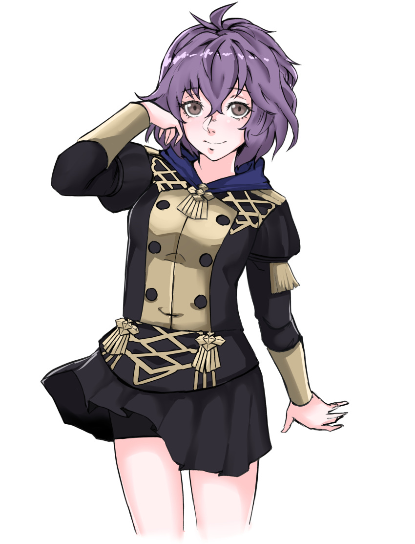 1girl absurdres bangs bernadetta_von_varley bike_shorts black_shorts black_skirt brown_eyes closed_mouth eyebrows_visible_through_hair fire_emblem fire_emblem:_three_houses garreg_mach_monastery_uniform hair_between_eyes highres long_sleeves medium_hair miniskirt pleated_skirt purple_hair renefu shiny shiny_hair short_shorts shorts shorts_under_skirt simple_background skirt smile solo white_background