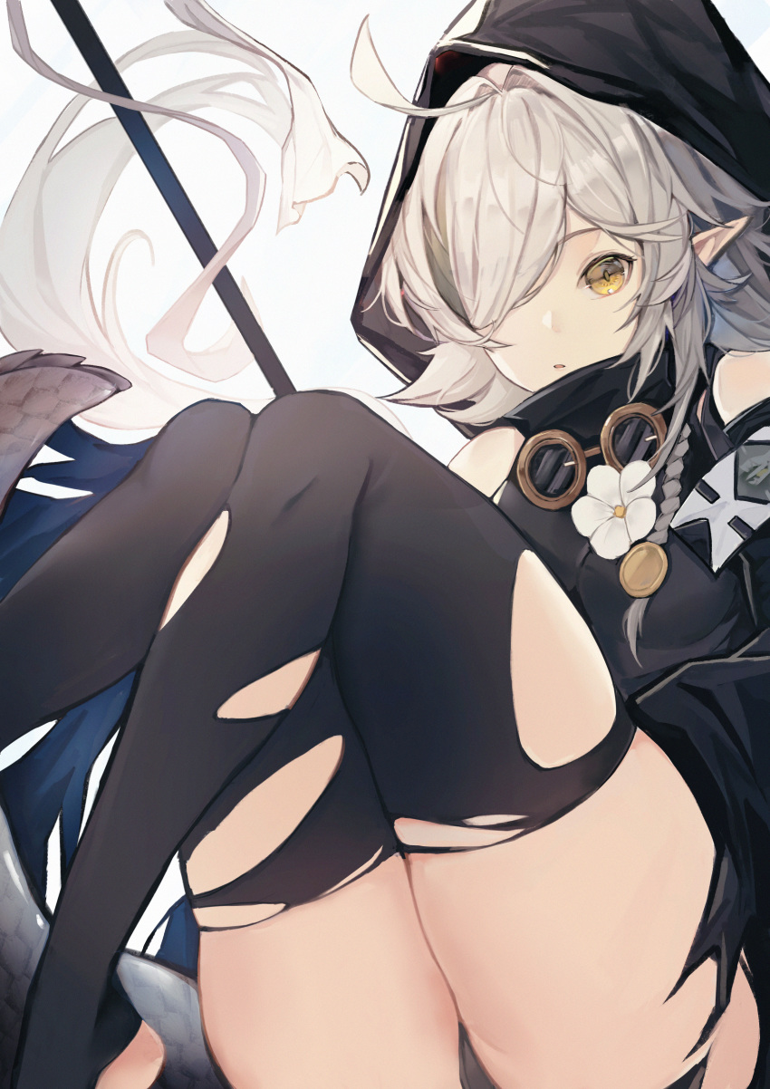 1girl absurdres ahoge arknights bare_shoulders black_legwear braid commentary fanshu feet_out_of_frame flower goggles goggles_around_neck highres hood huge_filesize knees_up short_hair silver_hair solo thigh-highs thighs tomimi_(arknights) torn_clothes torn_legwear white_flower yellow_eyes