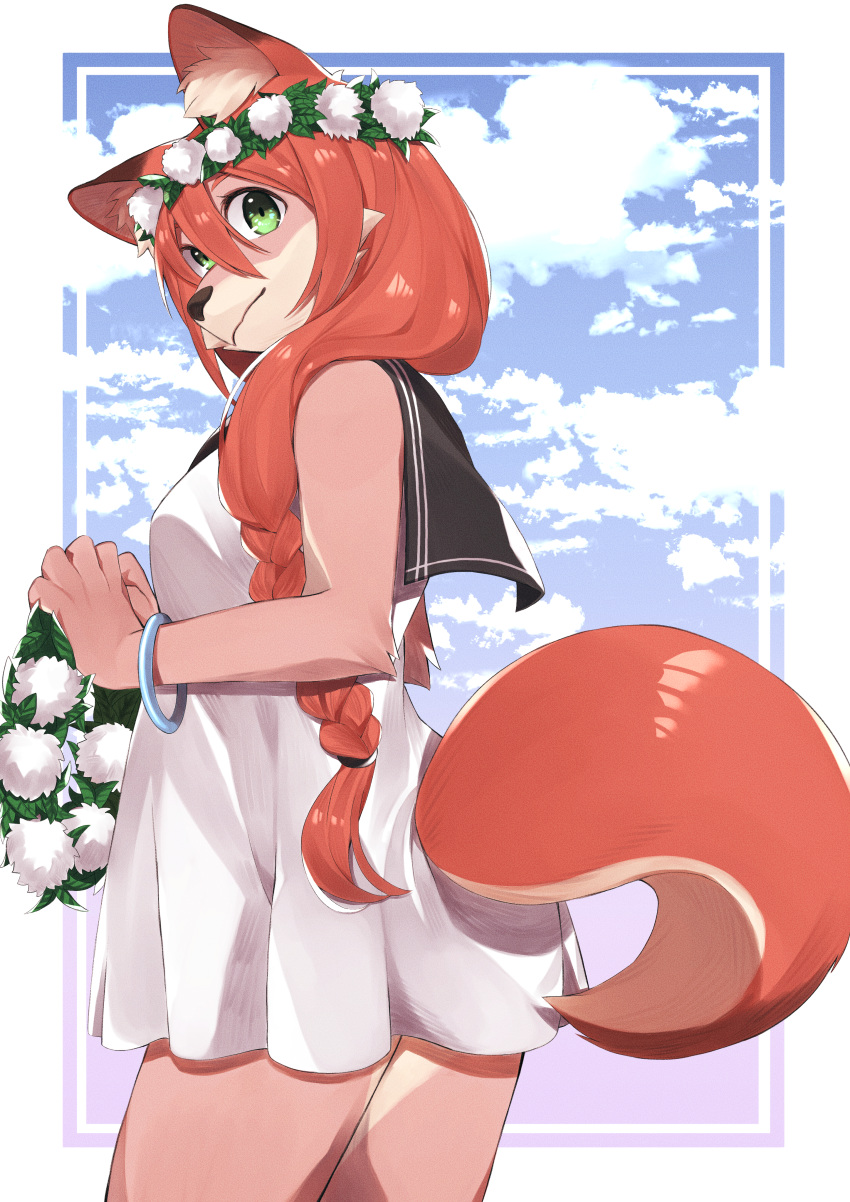 1girl absurdres animal_ears bare_arms blue_sky border bracelet braid brown_fur clouds cloudy_sky collared_dress commentary_request cowboy_shot dress flower fox_ears fox_tail furry green_eyes hair_ornament hair_over_shoulder highres holding jewelry kamekiti long_hair looking_at_viewer looking_back low-tied_long_hair original outside_border pointy_ears redhead sailor_collar single_braid sky sleeveless smile solo standing tail white_border