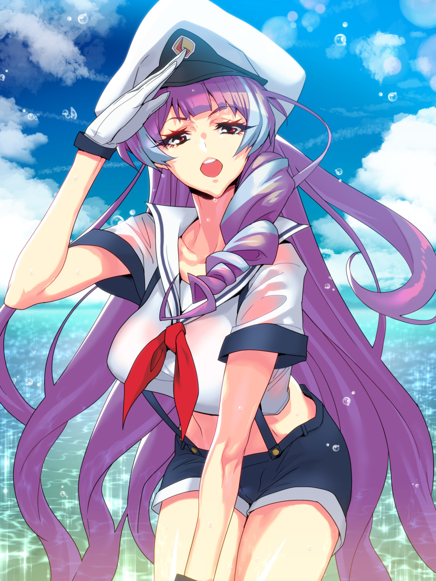 1girl bent_over breasts don_(rg06268) gloves hat highres large_breasts long_hair looking_at_viewer macross macross_delta midriff mikumo_guynemer navel open_mouth purple_hair red_eyes sailor_collar sailor_hat salute short_shorts shorts solo suspenders very_long_hair white_gloves