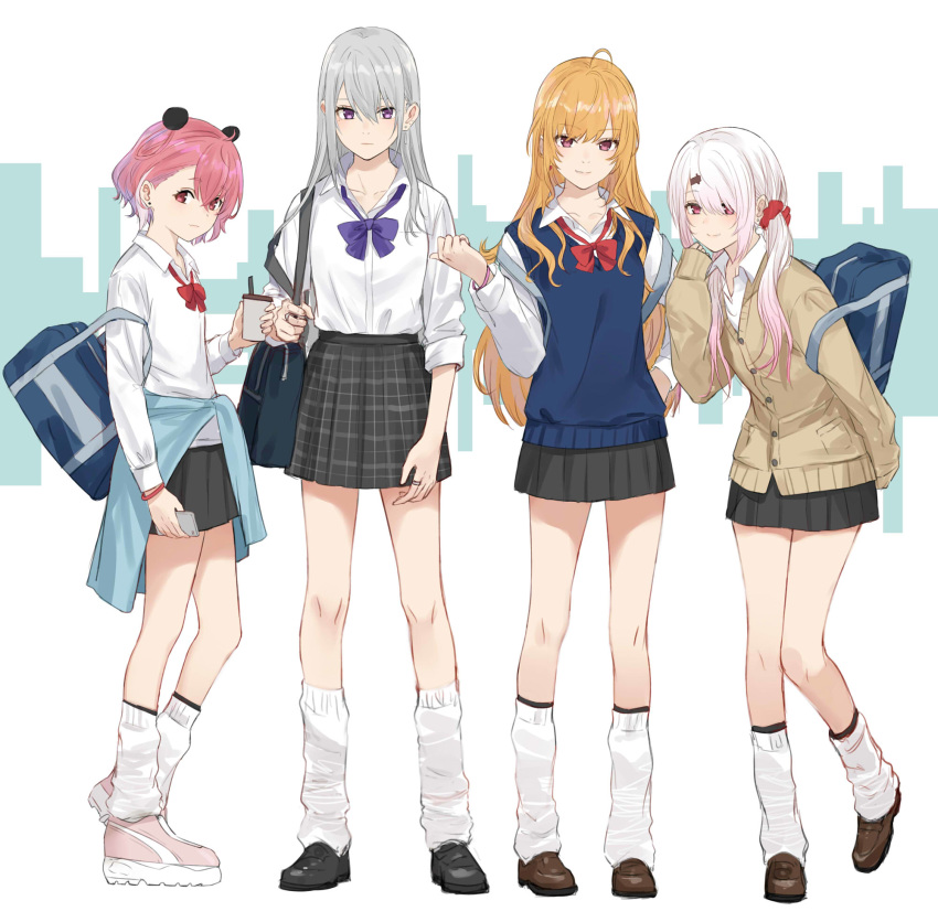4girls ahoge alternate_costume animal_ears bag black_footwear black_skirt blonde_hair blue_vest blush bow bowtie breasts brown_cardigan brown_footwear cardigan cellphone closed_mouth clothes_around_waist collared_shirt commentary dress_shirt ear_piercing expressionless eyebrows_visible_through_hair fake_animal_ears flat_chest full_body gradient_hair hair_between_eyes hair_ornament highres higuchi_kaede holding holding_phone isshiki_(ffmania7) jacket jacket_around_waist leaning_forward long_hair long_sleeves looking_at_viewer medium_breasts miniskirt multicolored_hair multiple_girls nijisanji open_mouth panda_ears phone piercing pink_eyes pink_footwear pink_hair plaid plaid_skirt pleated_skirt purple_neckwear red_eyes red_neckwear sasaki_saku school_bag school_uniform scrunchie shiina_yuika shirt shirt_tucked_in shoes short_hair silver_hair simple_background skirt sleeves_past_wrists small_breasts smartphone smile sneakers socks standing standing_on_one_leg straight_hair takamiya_rion thighs twintails two-tone_hair vest violet_eyes virtual_youtuber white_background white_hair white_legwear white_shirt wristband