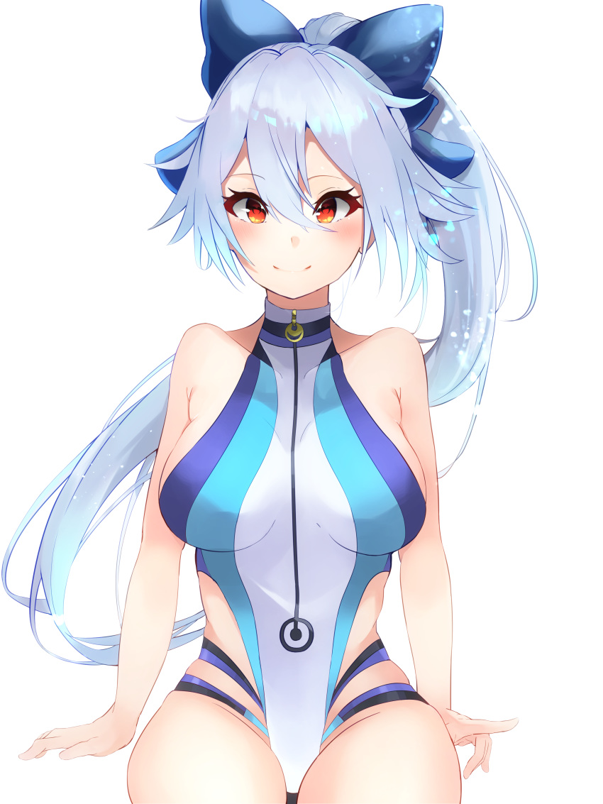 1girl absurdres bangs blue_bow blue_swimsuit blush bow breasts closed_mouth fate/grand_order fate_(series) hair_between_eyes hair_bow highleg highleg_swimsuit highres large_breasts long_hair looking_at_viewer megu_(pixiv9460065) one-piece_swimsuit ponytail red_eyes silver_hair sitting smile swimsuit thighs tomoe_gozen_(fate/grand_order) tomoe_gozen_(swimsuit_saber)_(fate) two-tone_swimsuit white_background white_swimsuit