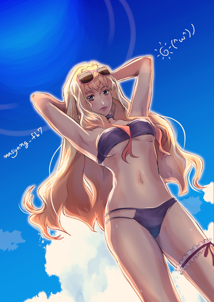 1girl arms_behind_head bikini blonde_hair blue_eyes eyewear_on_head highres looking_at_viewer looking_down macross macross_frontier midriff navel purple_bikini ryu_(masu_nantoka-san) sheryl_nome solo sunglasses swimsuit