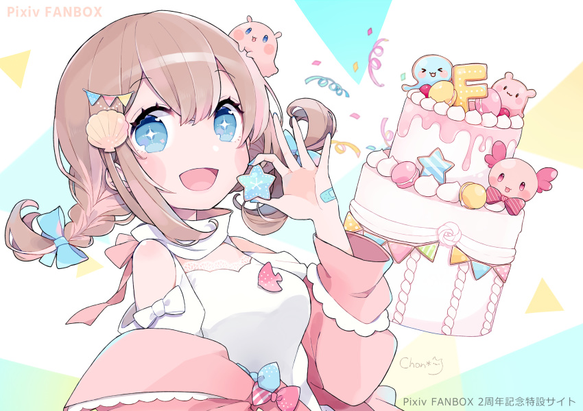 +_+ 1girl bandaid bangs bare_shoulders blue_eyes blue_nails braid breasts brown_hair cake chon_(chon33v) commentary_request confetti eyebrows_visible_through_hair food hair_between_eyes hand_up highres holding jacket long_hair looking_at_viewer macaron nail_polish off_shoulder open_clothes open_jacket original pennant pink_jacket seashell_hair_ornament shirt shoulder_cutout signature small_breasts solo star_(symbol) streamers string_of_flags translation_request twin_braids upper_body white_background white_shirt