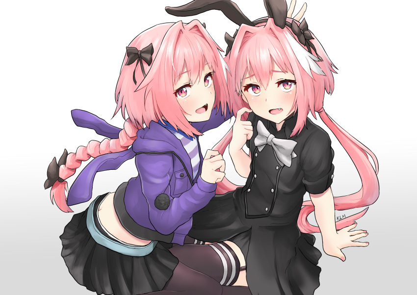 2boys absurdres astolfo_(fate) astolfo_(saber)_(fate) bangs black_bow black_dress black_legwear black_skirt blush bow braid bunny_hair_ornament commentary_request dress eyebrows_visible_through_hair fang fate/apocrypha fate/grand_order fate_(series) grey_bow hair_bow hair_intakes hair_ornament hair_ribbon highres jacket jtleeklm long_braid long_hair looking_at_viewer male_focus memories_at_trifas multicolored_hair multiple_boys multiple_views open_mouth otoko_no_ko pantyhose photoshop_(medium) pink_hair purple_jacket revision ribbon shirt simple_background single_braid skirt smile streaked_hair striped striped_shirt thigh-highs violet_eyes white_background white_hair