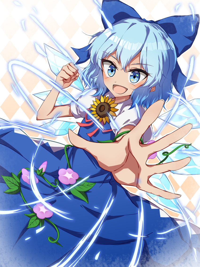1girl argyle argyle_background blue_dress blue_eyes blue_hair cirno clenched_hand cowboy_shot dress dutch_angle flower foreshortening hidden_star_in_four_seasons highres ice ice_wings mimottei neck_ribbon open_hand open_mouth outstretched_arm plant puffy_short_sleeves puffy_sleeves ribbon short_hair short_sleeves smile solo sunflower tan tanned_cirno touhou vines wings