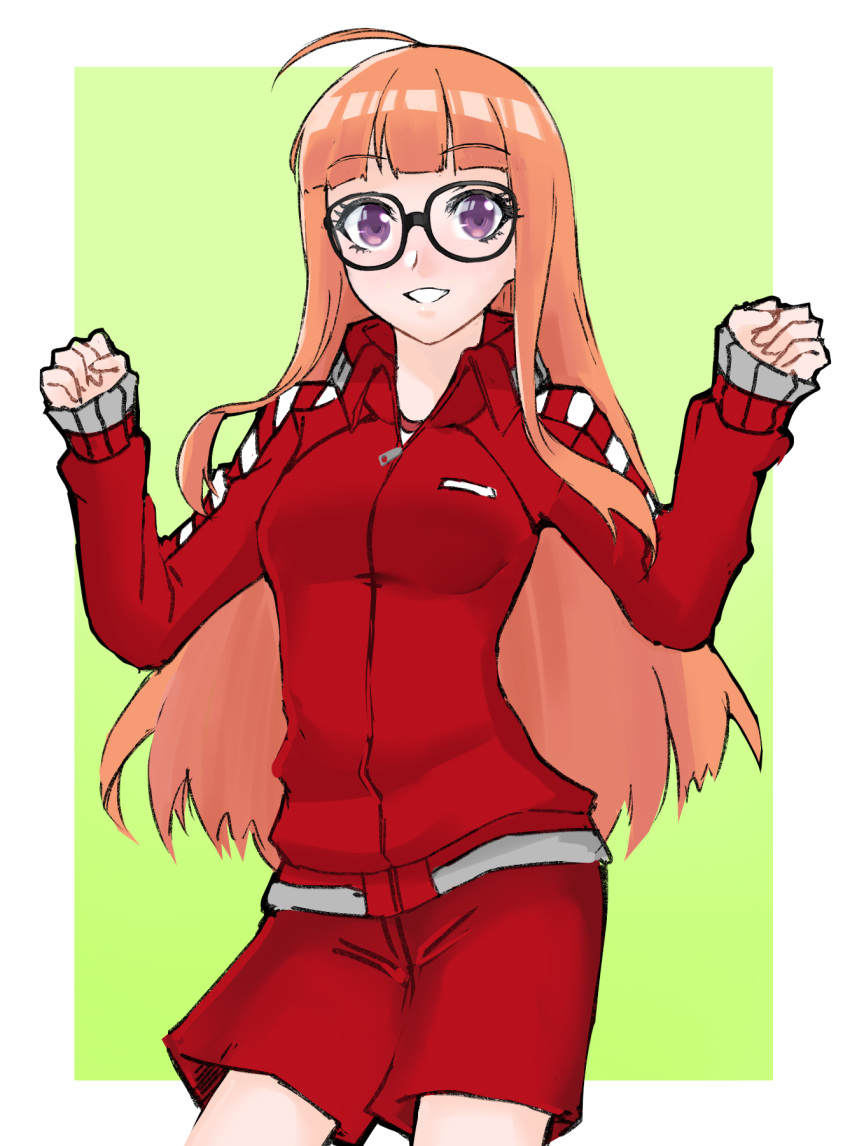 1girl ahoge bangs black-framed_eyewear blunt_bangs breasts brown_hair cowboy_shot eyebrows_visible_through_hair glasses green_background grin highres jacket long_hair long_sleeves looking_at_viewer outside_border persona persona_5 red_jacket red_shorts renefu sakura_futaba shiny shiny_hair short_shorts shorts sketch sleeves_past_wrists small_breasts smile solo standing straight_hair track_jacket two-tone_background very_long_hair violet_eyes white_background wing_collar