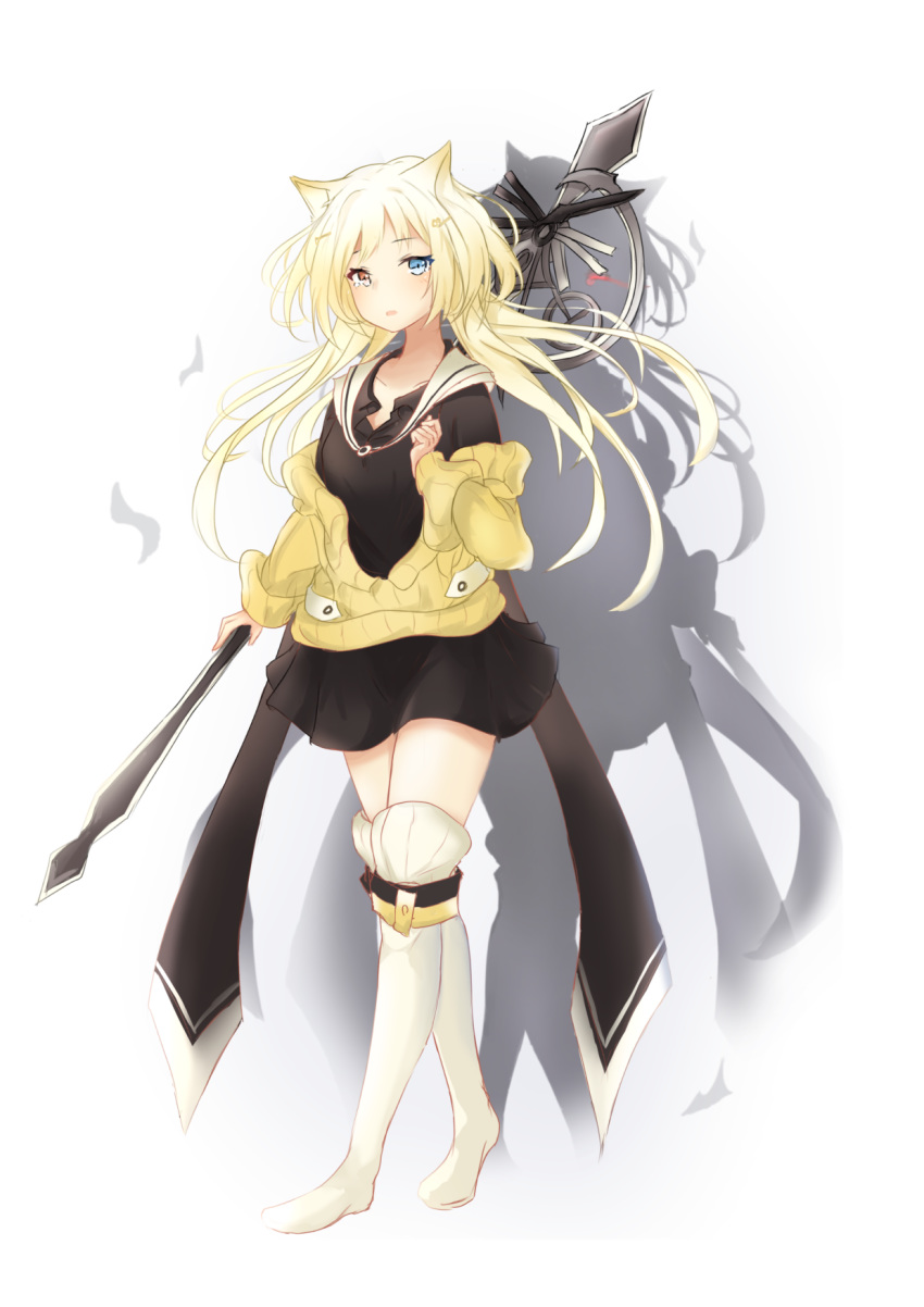 1girl animal_ears arknights bangs black_dress blonde_hair blue_eyes boots cat_ears clov3r commentary_request dress full_body heterochromia highres holding holding_staff jacket knee_boots long_hair long_sleeves looking_at_viewer nightmare_(arknights) off_shoulder parted_lips short_dress simple_background solo staff standing thigh-highs white_background white_footwear yellow_eyes yellow_jacket zettai_ryouiki