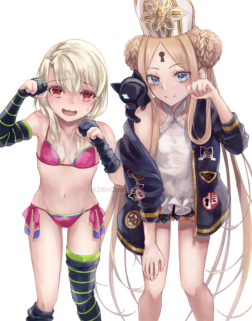 2girls abigail_williams_(fate/grand_order) abigail_williams_(swimsuit_foreigner)_(fate) bangs bare_shoulders bikini black_bow black_cat black_gloves black_jacket black_legwear blonde_hair blue_eyes blush bow braid braided_bun breasts cat closed_mouth double_bun dress_swimsuit elbow_gloves fate/grand_order fate_(series) forehead gloves highres illyasviel_von_einzbern illyasviel_von_einzbern_(swimsuit_archer)_(fate) jacket keyhole leaning_forward long_hair looking_at_viewer mitre multiple_bows multiple_girls nyaa_kitsune off_shoulder open_clothes open_jacket open_mouth orange_bow parted_bangs partly_fingerless_gloves paw_pose pink_bikini red_eyes sidelocks simple_background single_thighhigh small_breasts smile swimsuit thigh-highs thighs twintails very_long_hair wavy_mouth white_background white_hair white_headwear white_swimsuit