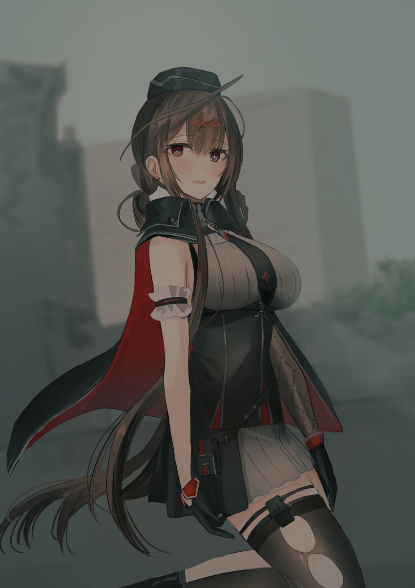 1girl absurdres bangs black_cape black_gloves black_headwear black_legwear black_neckwear blurry blurry_background blush braid breasts brown_eyes brown_hair cape chihuri commentary_request day depth_of_field dsr-50_(girls_frontline) eyebrows_visible_through_hair garrison_cap girls_frontline gloves grey_shirt grey_skirt hair_between_eyes hair_ornament hat highres large_breasts long_hair looking_at_viewer mini_hat multicolored multicolored_cape multicolored_clothes necktie outdoors parted_lips pleated_skirt red_cape shirt skirt sleeveless sleeveless_shirt solo thigh-highs torn_clothes torn_legwear very_long_hair