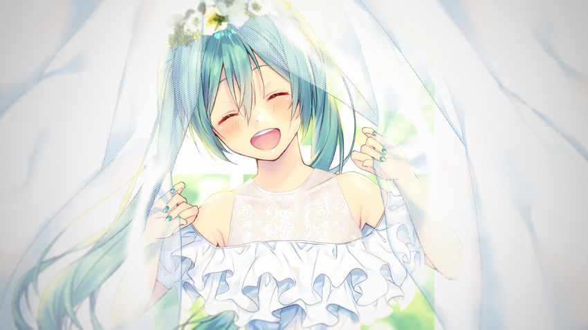 1girl :d ^_^ bangs bare_shoulders blush closed_eyes commentary_request covered_collarbone curtains dress eyebrows_visible_through_hair facing_viewer flower flower_wreath green_hair green_nails hair_between_eyes hands_up hatsune_miku head_tilt head_wreath long_hair nail_polish off-shoulder_dress off_shoulder open_mouth round_teeth shiomizu_(swat) smile solo teeth transparent twintails upper_body upper_teeth vocaloid white_dress white_flower
