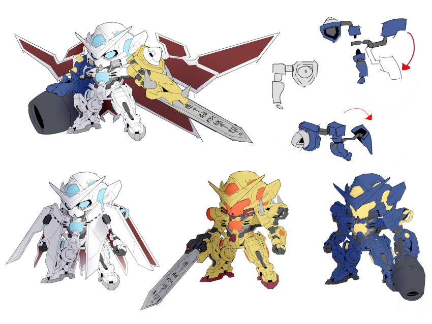 00_gundam absurdres arm_cannon blue_eyes chibi crossover digimon fusion gattai gn_drive gundam gundam_00 gundam_astraea_type-f gundam_exia highres holding holding_sword holding_weapon mecha mechanization metalgarurumon multiple_views no_humans omegamon sword v-fin wargreymon weapon white_background zhu_fun