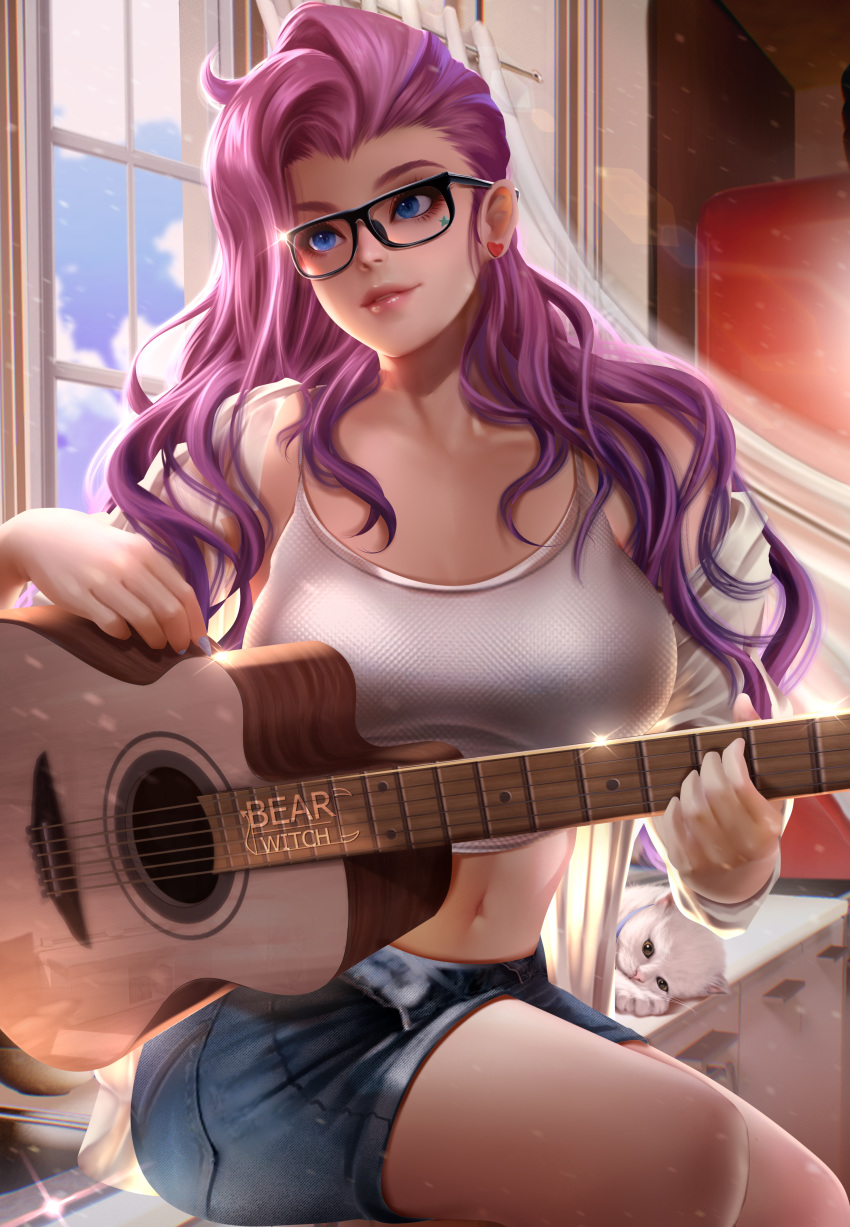 1girl absurdres artist_name bangs bearwitch black-framed_eyewear blue_eyes breasts cat closed_mouth collarbone commentary crop_top curtains day denim denim_shorts earrings glasses guitar heart heart_earrings highres holding indoors instrument jewelry large_breasts league_of_legends lips long_hair long_sleeves midriff music navel parted_lips playing_instrument purple_hair realistic seraphine_(league_of_legends) shirt short_shorts shorts sitting smile solo stomach wavy_hair white_shirt