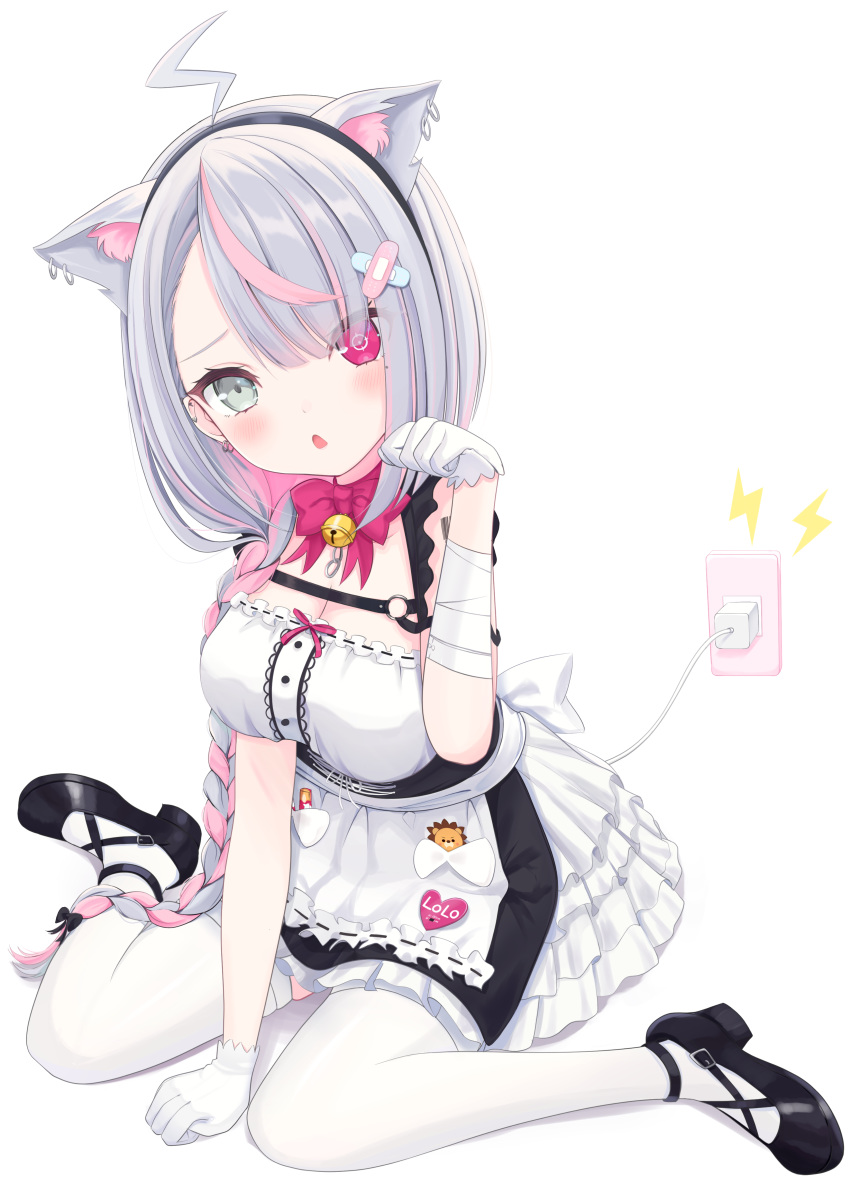 1girl absurdres ahoge android animal_ear_fluff animal_ears arm_support asymmetrical_bangs bandaid bangs bell black_hairband blush bow braid cable cat_ears commentary dress ear_piercing earrings electric_plug eyes_visible_through_hair fake_animal_ears frills gloves grey_eyes hair_ornament hairband heterochromia highres indie_virtual_youtuber jewelry jingle_bell lightning_bolt lolo_(vtuber) long_hair looking_at_viewer maid maid_dress mary_janes mole mole_under_eye multicolored_hair name_tag open_mouth paw_pose piercing pink_eyes pink_hair sakura_yunuto shoes silver_hair single_braid sitting sleeveless sleeveless_dress solo streaked_hair symbol-shaped_pupils thigh-highs two-tone_hair very_long_hair virtual_youtuber wariza white_legwear x_hair_ornament