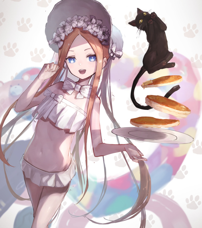 1girl abigail_williams_(fate/grand_order) abigail_williams_(swimsuit_foreigner)_(fate) aito bangs bare_shoulders bikini black_cat blonde_hair blue_eyes bonnet bow breasts cat fate/grand_order fate_(series) food forehead hair_bow highres innertube long_hair looking_at_viewer miniskirt navel open_mouth pancake parted_bangs sidelocks skirt small_breasts smile swimsuit twintails very_long_hair white_bikini white_bow white_headwear